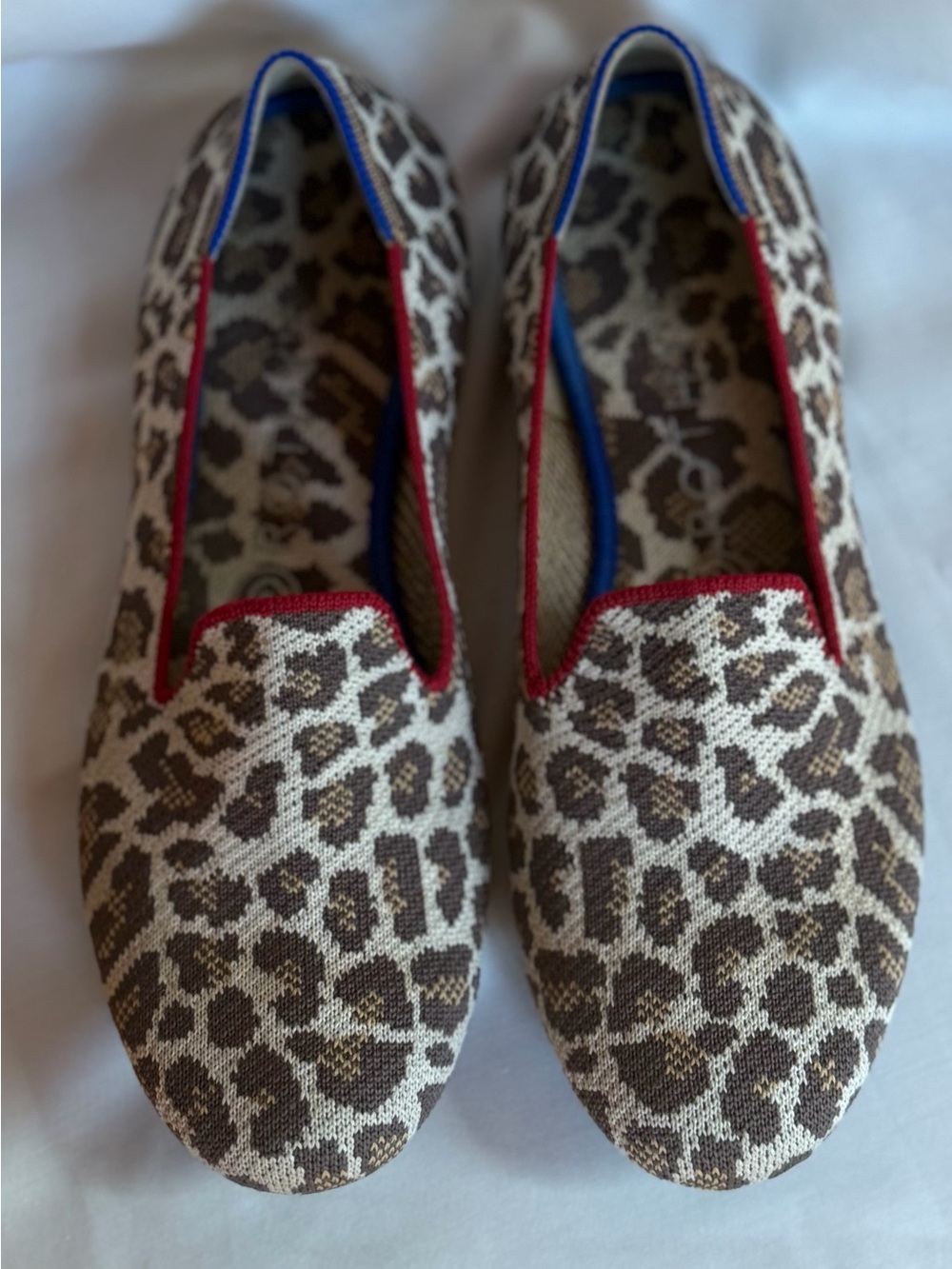 Rothy's The Loafer Leopard Print Flats with Red Trim and Blue Lining